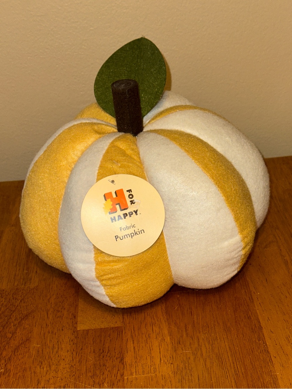 H FOR HAPPY 11" x 9" Yellow & White Striped Plush Fabric Pumpkin Decor